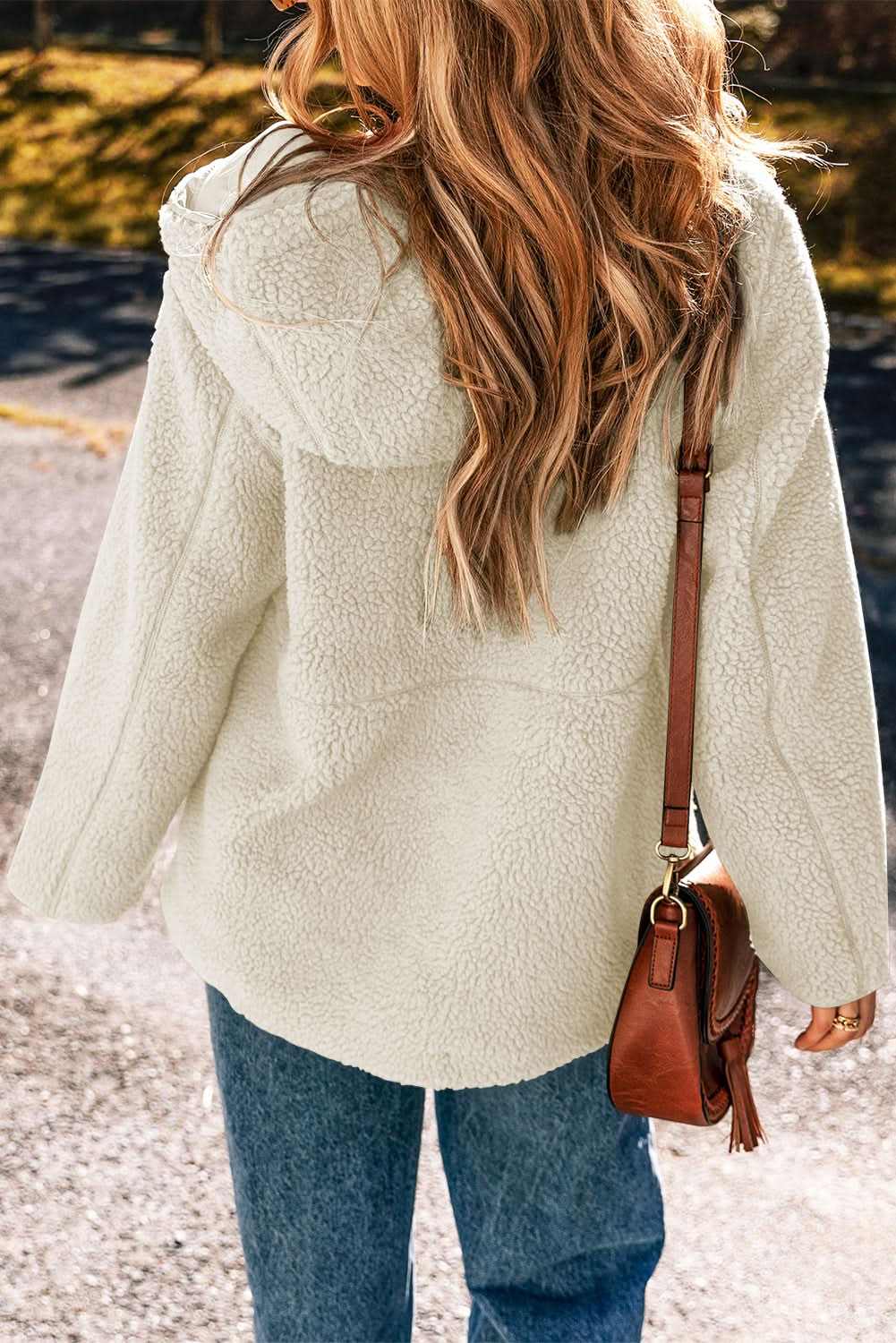 Beige Fleece Zip Up Drawstring Hooded Pocketed Jacket - Love Salve